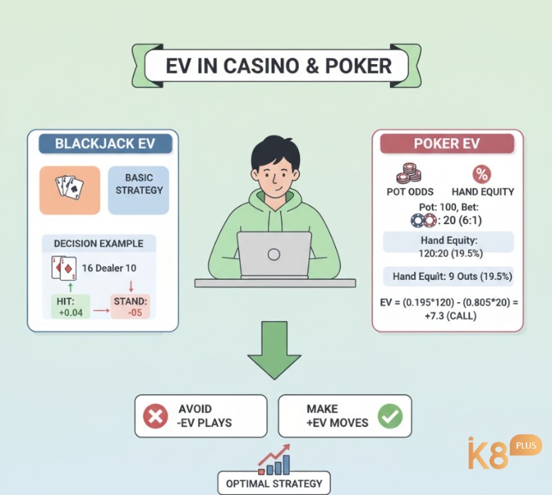 Người chơi tính toán EV để đưa ra quyết định tối ưu trong Blackjack và Poker, giảm lợi thế nhà cái và tối đa hóa lợi nhuận