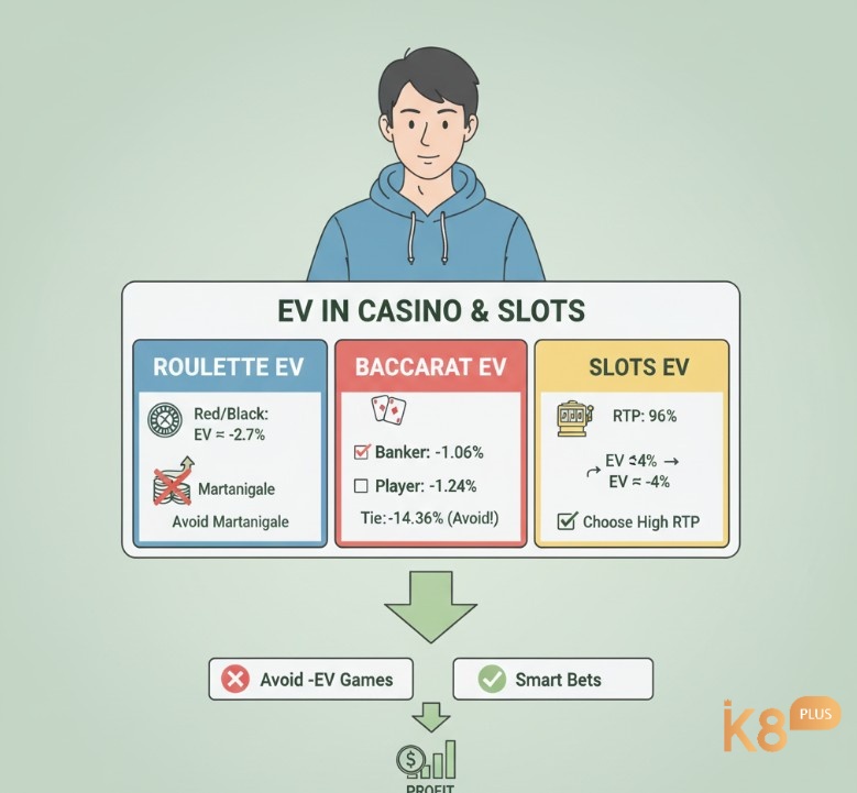 Người chơi hiểu EV trong Roulette, Baccarat và Slots để chọn cược có EV âm thấp nhất và quản lý vốn thông minh