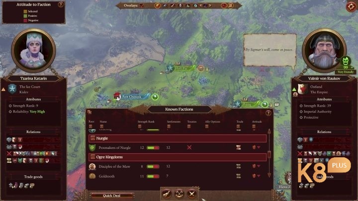 Total War: Warhammer III giao diện ngoại giao và thỏa thuận liên minh