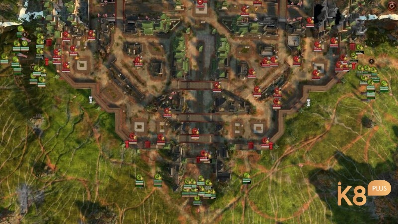 Total War: Warhammer III vây hãm với tháp phòng thủ và điểm chiếm đóng