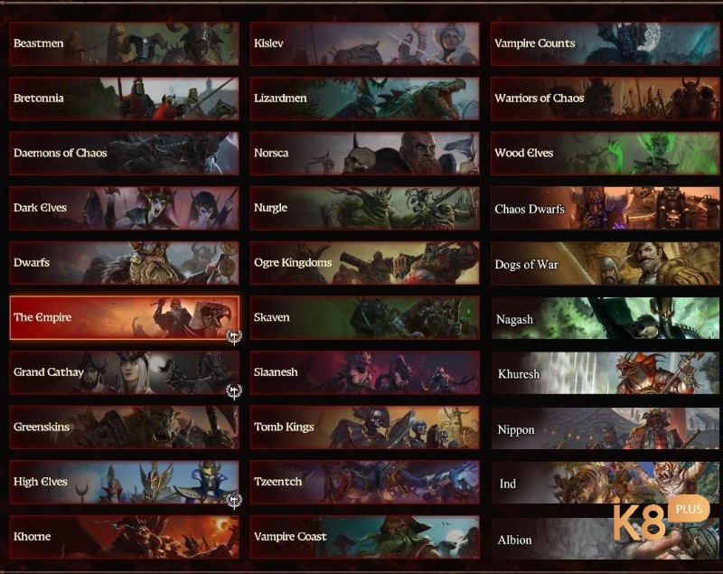 Game Total War: Warhammer III màn hình chọn phe với phong cách quân đội khác biệt