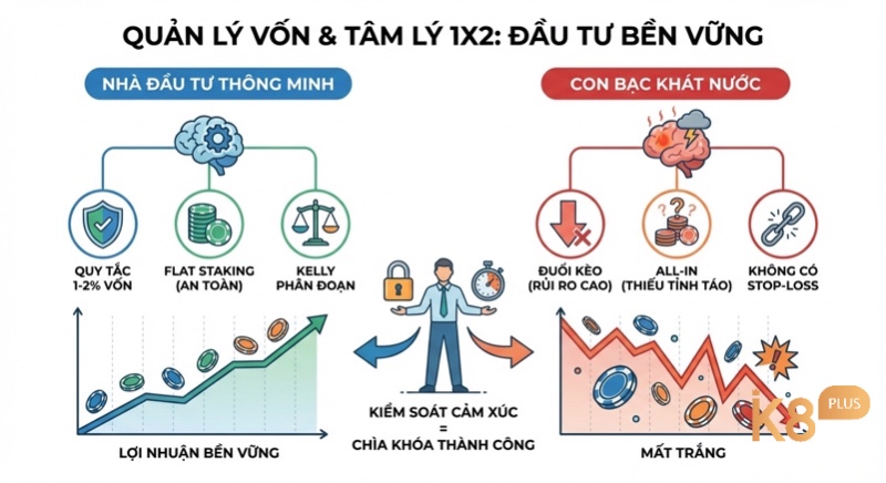 Infographic về quản lý vốn và kiểm soát tâm lý khi chơi kèo 1X2, phân biệt đầu tư bền vững và rủi ro mất trắng