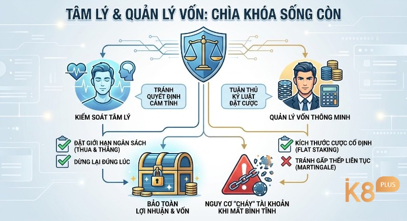 Sơ đồ tổng quan chiến lược kiểm soát tâm lý và quản lý vốn giúp cao thủ bảo toàn lợi nhuận, tránh quyết định cảm tính, gấp thếp