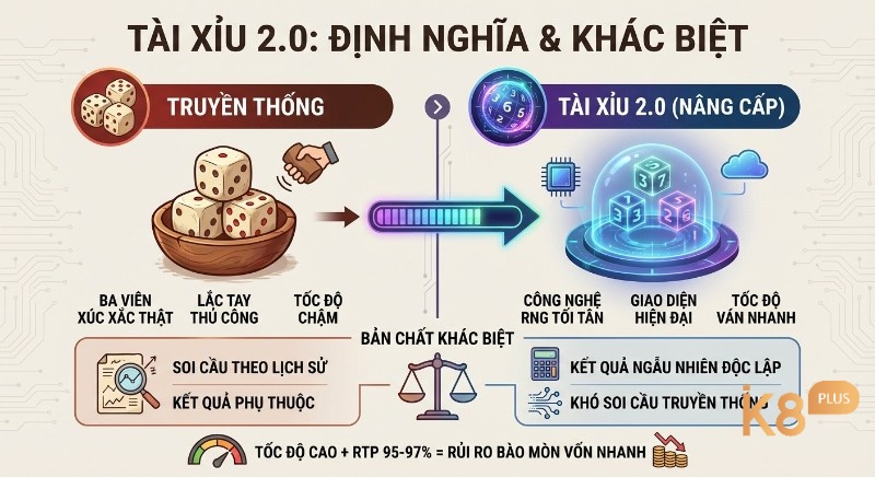 Bảng so sánh Tài Xỉu 2.0 là gì nâng cấp, và Tài Xỉu truyền thống, làm rõ định nghĩa, bản chất cùng rủi ro, bào mòn vốn nhanh