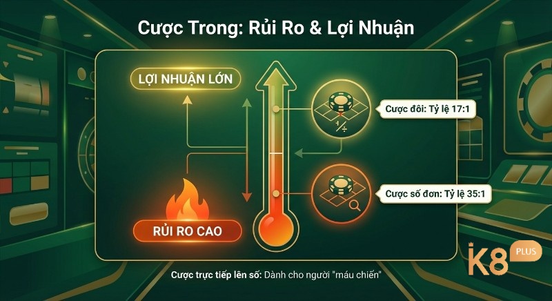 Biểu đồ Cược Trong: Rủi ro & Lợi nhuận trong Roulette, giải thích cược số đơn 35:1 và cược đôi 17:1
