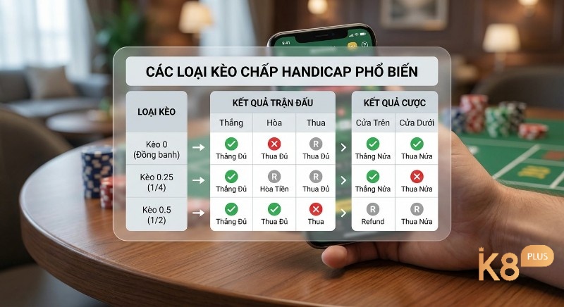 Bảng giải thích các loại kèo chấp Handicap phổ biến như kèo 0, 0.25, 0.5 và cách tính thắng thua chi tiết