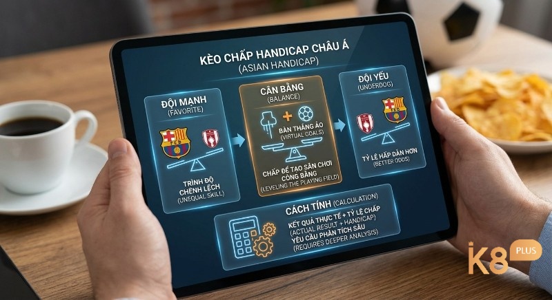 Cơ chế hoạt động cược chấp handicap Châu Á giúp cân bằng đội mạnh và yếu bằng bàn thắng ảo, hướng dẫn cách tính chi tiết