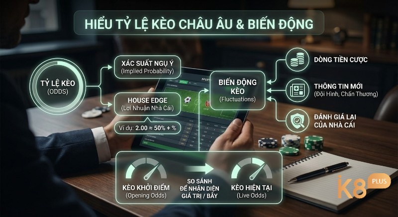Sơ đồ giải thích tỷ lệ kèo châu Âu, xác suất ngụ ý và biến động kèo, giúp đọc vị nhà cái qua so sánh kèo khởi điểm và hiện tại