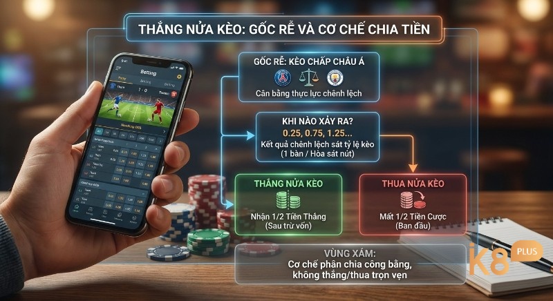 Sơ đồ giải thích cách tính thắng nửa kèo: gốc rễ kèo chấp châu Á, cơ chế phân chia tiền cược ở các tỷ lệ 0.25, 0.75, 1.25