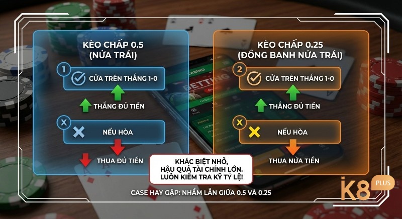 Hướng dẫn phân biệt kèo chấp 0.5 và 0.25, tránh nhầm lẫn trong cách tính thắng nửa kèo, và hậu quả tài chính lớn