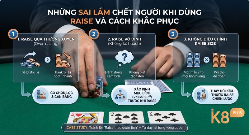 Tổng quan chiến lược 3 sai lầm chết người khi Raise bài Poker: tố quá thường xuyên, vô định và không điều chỉnh size, cùng giải pháp để tránh mất tiền oan.