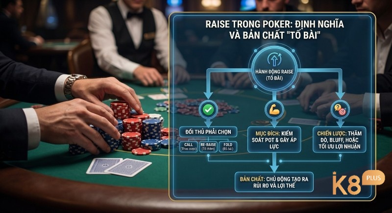 Sơ đồ giải thích hành động Raise trong Poker, định nghĩa raise trong Poker là gì, mục đích kiểm soát pot và bản chất tạo lợi thế