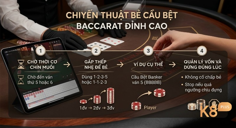 Hướng dẫn 4 bước chiến thuật cách bẻ cầu Baccarat bệt: chờ cơ hội ván 5-6, gấp thếp nhẹ và quản lý vốn hiệu quả