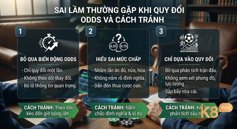 Hướng dẫn tránh 3 sai lầm khi quy đổi odds châu Âu sang châu Á: bỏ qua biến động, hiểu sai mức chấp, chỉ dựa vào quy đổi giúp cược thủ hiệu quả hơn