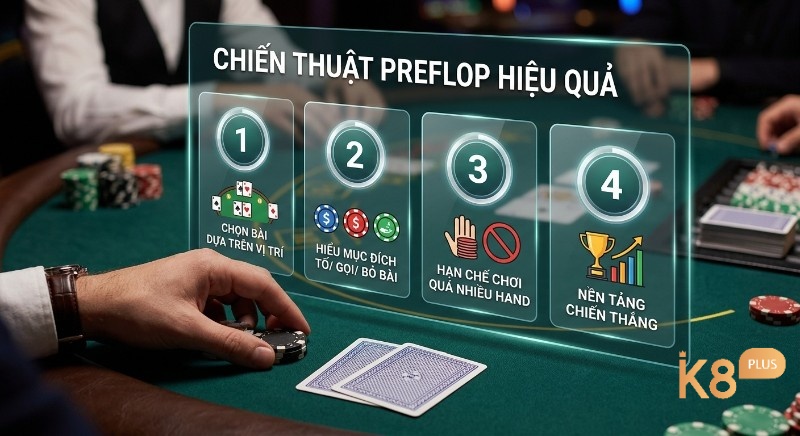 Quy trình 4 bước chiến thuật Preflop hiệu quả cho người mới bắt đầu, từ chọn bài theo vị trí đến nền tảng chiến thắng