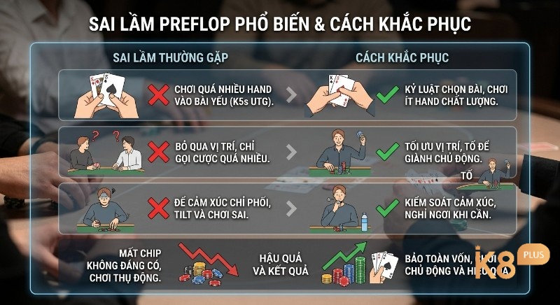 Tổng hợp các sai lầm ở vòng cược preflop là gì phổ biến và cách khắc phục như kỷ luật chọn bài, tận dụng vị trí, chủ động tố cược