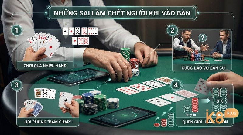 Những sai lầm chết người khi chơi Poker: chơi quá nhiều hand, cược láo vô căn cứ, hội chứng "bám chấp" và quên giới hạn 5% vốn.