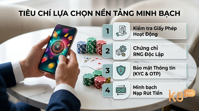 Tiêu chí lựa chọn nền tảng minh bạch: giấy phép, RNG độc lập, bảo mật KYC & OTP, minh bạch nạp rút tiền, hiển thị trên điện thoại chơi game
