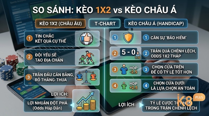 So sánh kèo 1X2 và Kèo Châu Á: 1X2 cho niềm tin mạnh mẽ vào kết quả cụ thể, lợi nhuận đột phá; Châu Á cho bảo hiểm, tỷ lệ cược tốt hơn trong trận chênh lệch