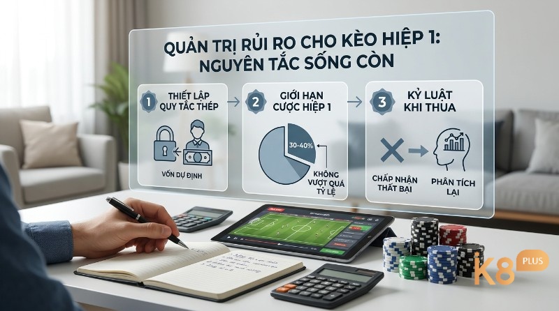 Quản trị rủi ro kèo hiệp 1: thiết lập quy tắc thép, giới hạn cược 30-40% vốn, chấp nhận thua, phân tích lại