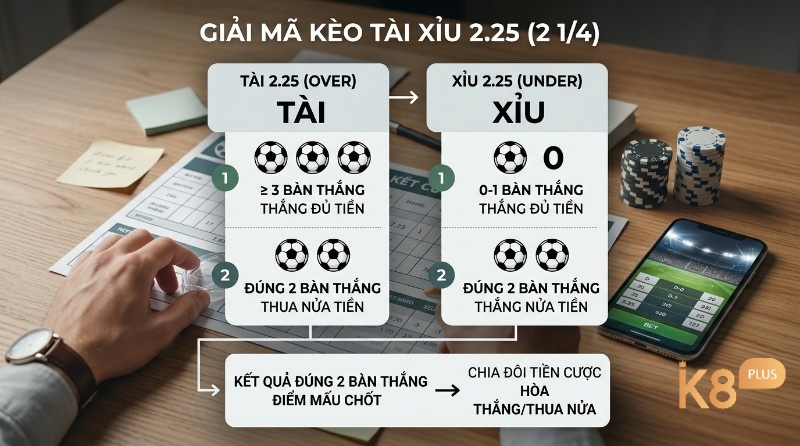 Giải mã kèo tài xỉu 2.25 (2 1/4) hiển thị cách tính thắng/thua đủ hoặc nửa tiền cho Tài/Xỉu khi có 0, 1, 2, hoặc ≥3 bàn thắng trong kèo tài xỉu 2.25 là gì