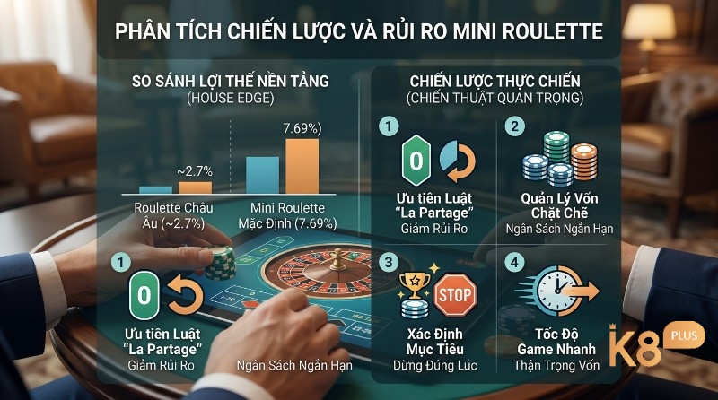 Mini Roulette có house edge cao hơn Roulette châu Âu, nên người chơi thường ưu tiên bàn có La Partage, quản lý vốn hợp lý và kiểm soát tốt tốc độ cược nhanh của game trong mini roulette là gì