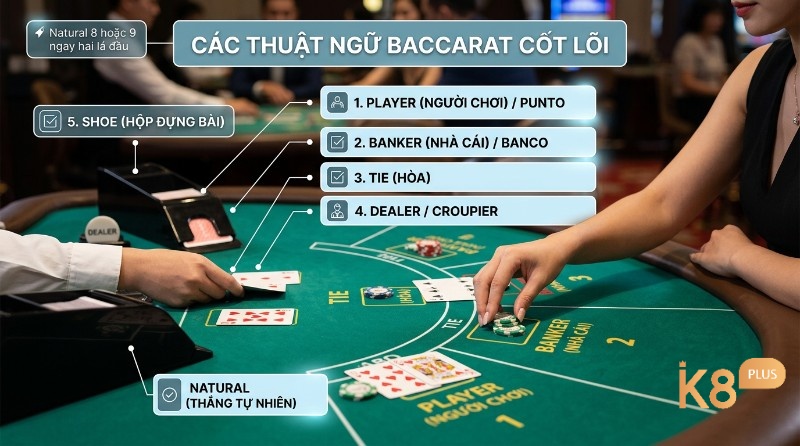 Cần nắm các thuật ngữ baccarat người chơi cần biết như Player, Banker, Tie, Dealer, Shoe và Natural để theo dõi và hiểu cách vận hành ván bài
