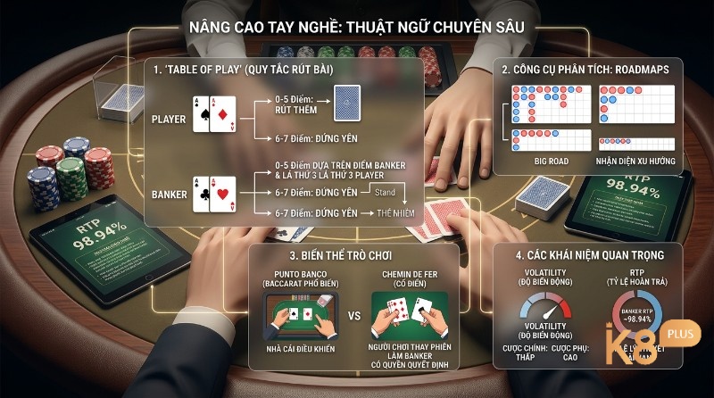 Nâng cao tay nghề Baccarat: quy tắc rút bài Table of Play, công cụ phân tích Roadmaps, biến thể Punto Banco, Chemin de Fer, Volatility, RTP 98.94