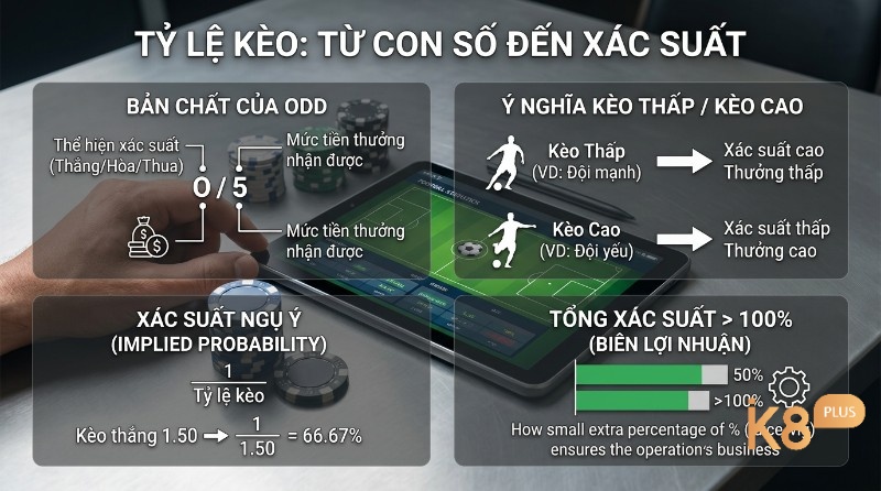 Tỷ lệ kèo là gì và xác suất: Giải thích bản chất kèo, ý nghĩa kèo thấp/cao, công thức xác suất ngụ ý (1/tỷ lệ kèo) và biên lợi nhuận >100%