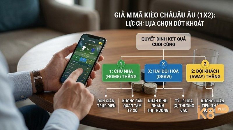 Giải mã Kèo Châu Âu 1X2: lựa chọn dứt khoát 1 (chủ nhà), X (hòa), 2 (đội khách), người dùng đặt cược trên điện thoại