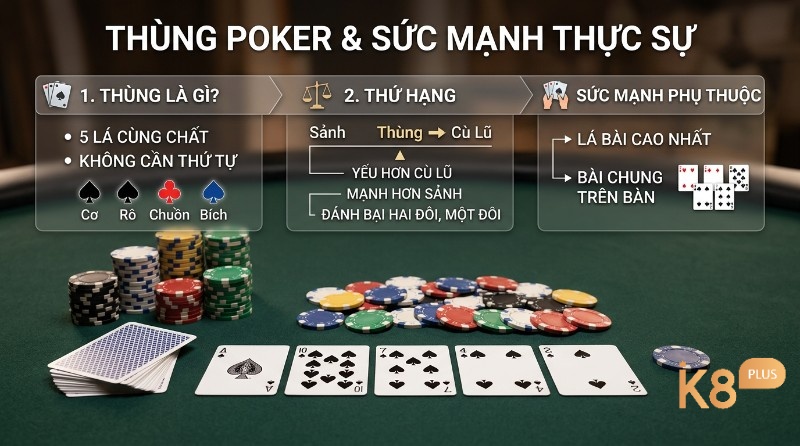 Thùng poker là 5 lá cùng chất, mạnh hơn Sảnh nhưng yếu hơn Cù lũ, sức mạnh phụ thuộc lá cao nhất. 5 lá bích A, 10, 7, 4, 2 trên bàn
