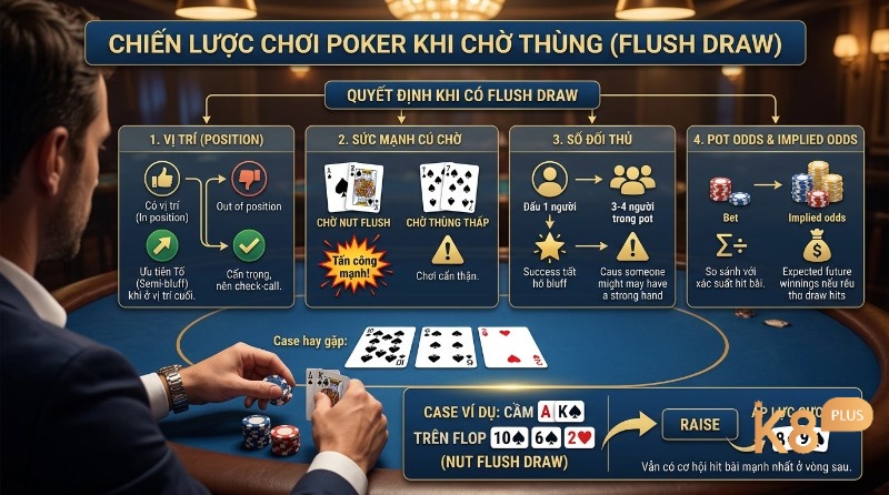 Chiến lược chơi Thùng chờ (Flush Draw) cân nhắc vị trí, số outs và diễn biến bàn cược. Ví dụ A♠ K♠ gặp flop 10♠ 6♠ 2♥ tạo Nut Flush Draw, phù hợp để chủ động tố khi tình huống thuận lợi